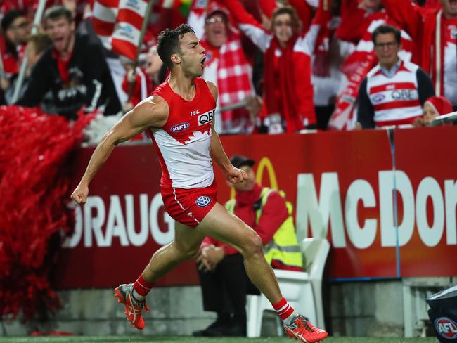 Xavier Richards celebrates a goal during Sydney’s win against Adelaide. Picture: Phil Hillyard