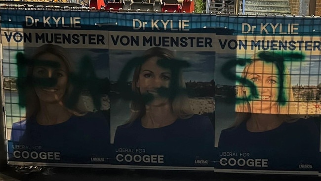 Grafitti'd posters for coogee candidate Kylie von Muenster in Coogee on NSW Election day. Picture: Twitter