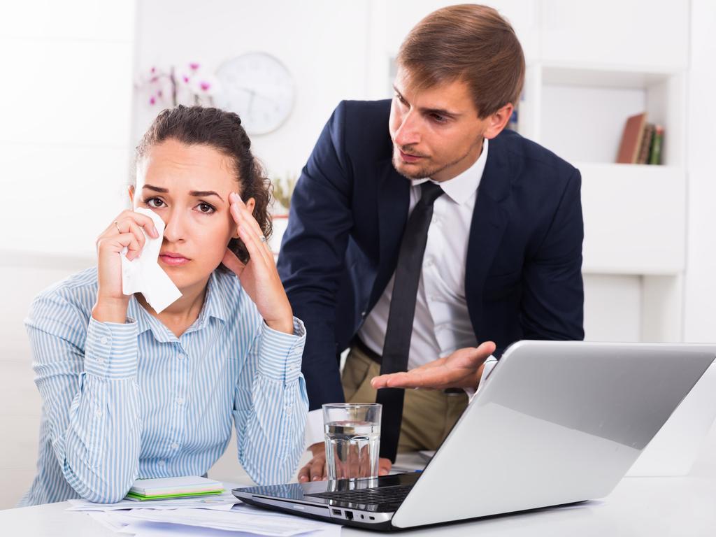 Financial abuse generic: strict boss man accusing crying woman to making mistake in firm office