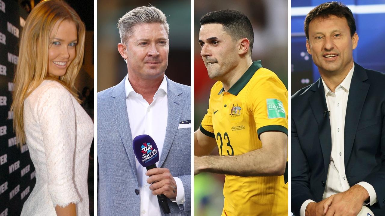 Michael Clarke, Lara Worthington, Laurie Daley and Tom Rogic. Photo: Photo by Mark Kolbe/Getty Images, Robert Cianflone and Network 10.