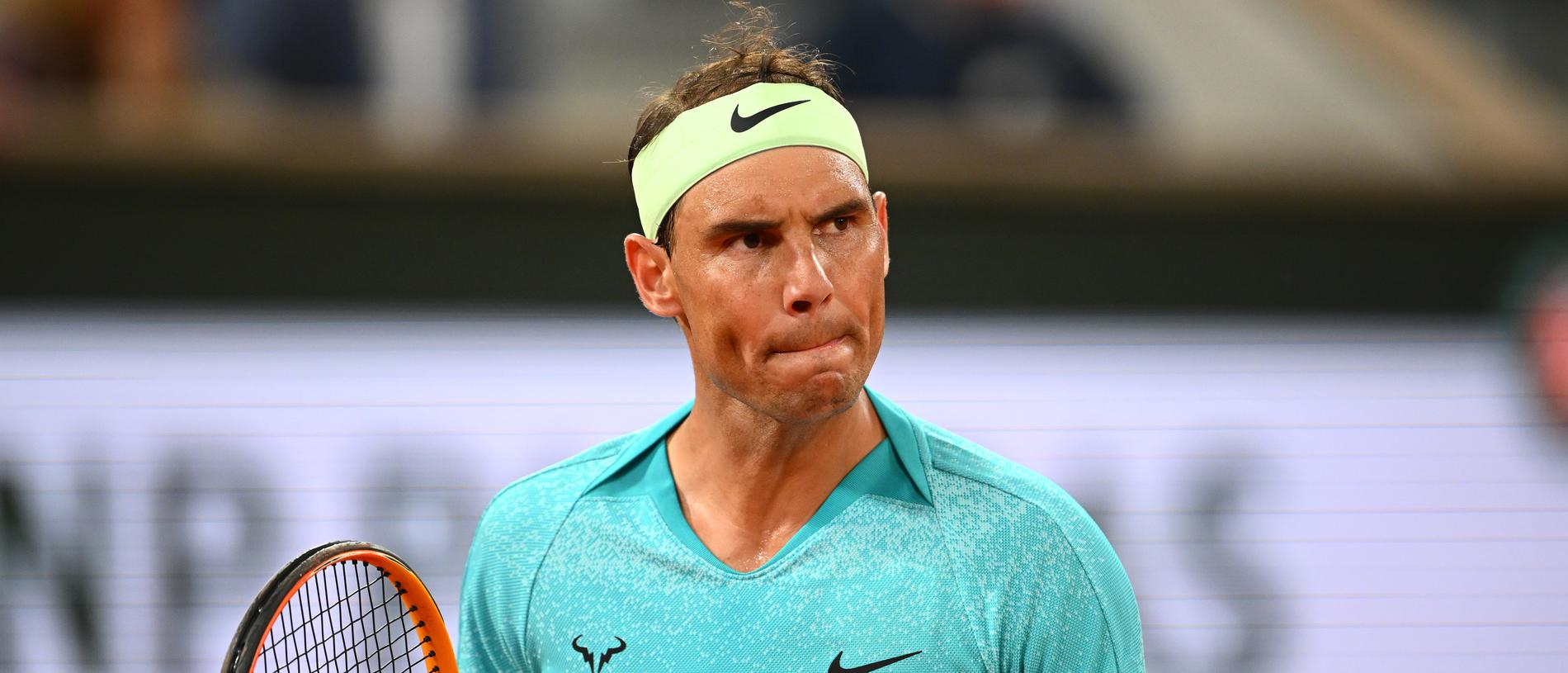 PARIS, FRANCE - MAY 27: Rafael Nadal of Spain celebrates a point against Alexander Zverev of Germany in the Men's Singles first round match on Day Two of the 2024 French Open at Roland Garros on May 27, 2024 in Paris, France. (Photo by Clive Mason/Getty Images)