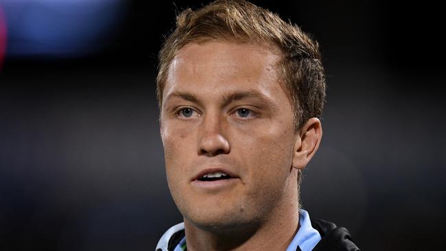 Matt Moylan of the Sharks is seen during warm up ahead of the Round 21 NRL match between the Penrith Panthers and the Cronulla Sharks at Panthers Stadium in Sydney, Friday, August 9, 2019. (AAP Image/Dan Himbrechts) NO ARCHIVING, EDITORIAL USE ONLY