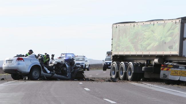 The driver of this car is fighting for life after crashing head-on into a truck on the Yorke Highway. Picture: Emma Brasier.