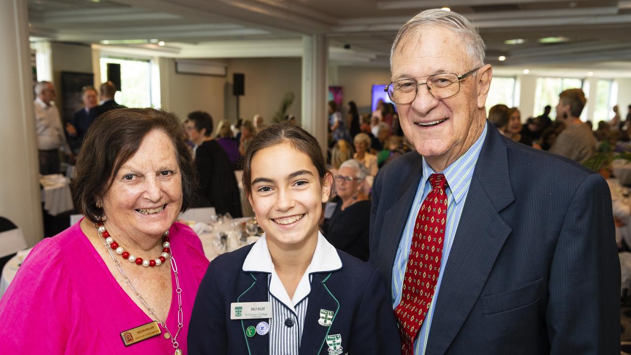 St Ursula's College student Emily Miller with her grandparents Helen and Hugh Miller at the International Women's Day luncheon presented by Zonta Club of Toowoomba Area at Picnic Point, Friday, March 4, 2022. Picture: Kevin Farmer