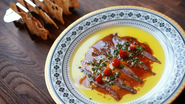 Ortiz anchovies in fermented garlic honey and sherry vinegar with crisp bread. Picture: Sarah Marshall