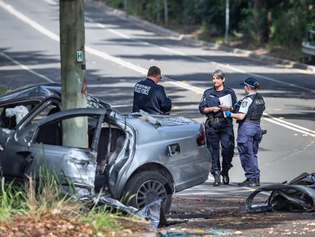 18th April 2022. The DailyTelegraph. NewsSutherland, Sydney, NSW.Pics by Julian Andrews.Pics show the wrecked car involved in a fatal car crash on Rawson Drive in Sutherland.Lines in the road indicate the direction and pathway of the car before the collision.