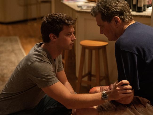 Patrick Schwarzenegger and Colin Firth in The Staircase. Picture: HBO MAX/Binge