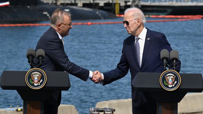 Anthony Albanese and Joe Biden shake hands on the AUKUS partnership at Naval Base Point Loma in San Diego in March. Picture: Tayfun Coskun/Anadolu Agency via Getty Images