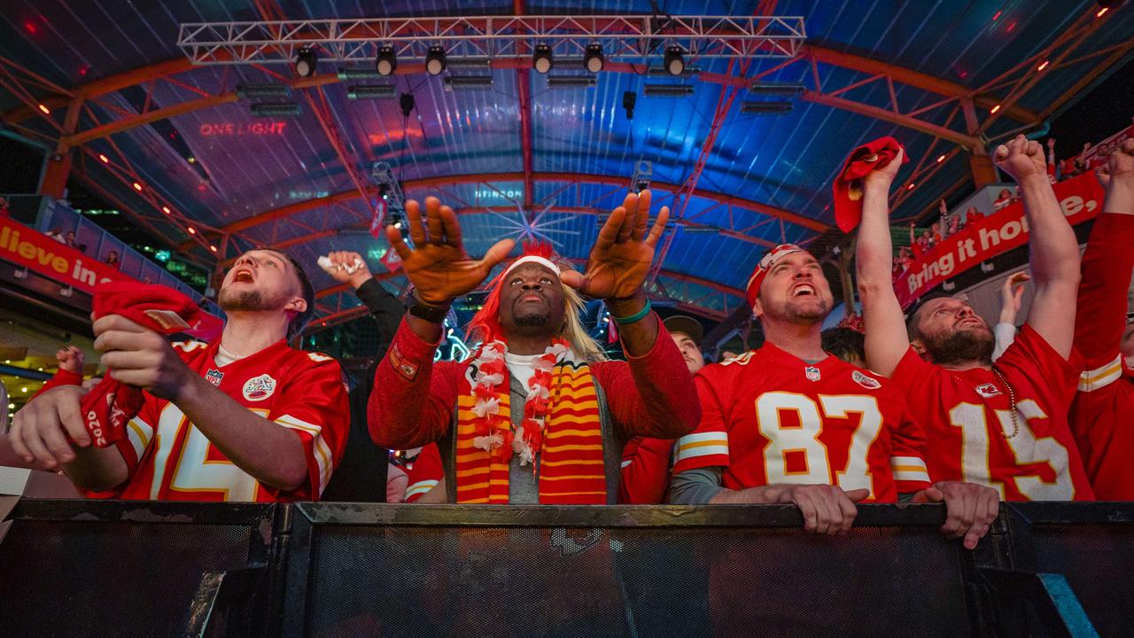Fans cheer on the Chiefs at the Power and Light District. Picture: Kyle Rivas/Getty Images/AFP