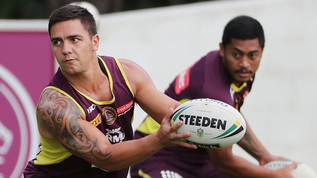 Kodi Nikorima and Anthony Milford. The Brisbane Broncos training at Red Hill. Picture: Peter Wallis