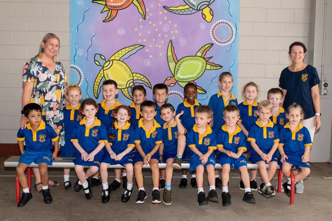 Mackay West State School 2022 Prep class. (L-R) Back row: Zoe, Tyler Mogg, Tyler Saron, Trae Price, Isabel Mhlanga, Layne Kitson, Mia Dreger, Riley; front row: Aadit Khan, Athena Jelleff, Taya Jelleff, Hunter Simpson, Kasey Collins-Woods, Mason Spratt, Jaxon Spratt, Eddie Stengord, Libby McCubbin; Teacher Tracy Moohin. Teacher aide: Donna Carroll.