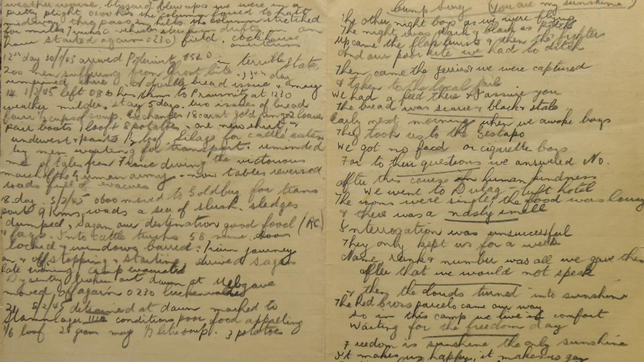 Pages from Angus Hughes’ World War II diary, which he had to keep hidden from his German captors. Picture: RoyVPhotography