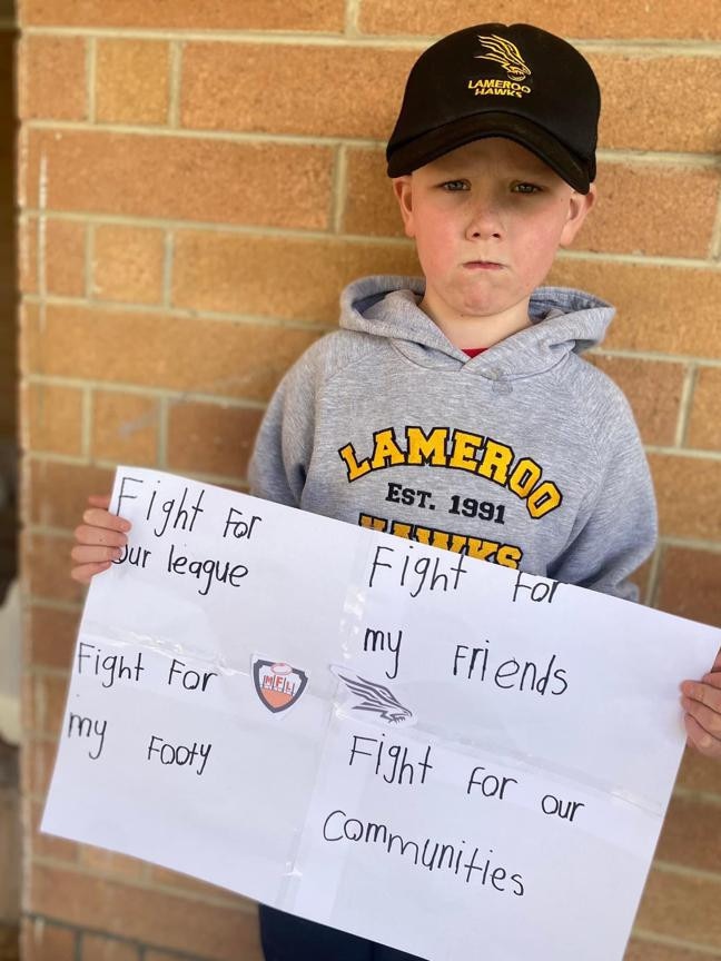 Young Lameroo Hawks fan Harrison Edwards before the Mallee FL disbanded.