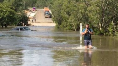 Coen police Senior Constable Ben Lloyd rescuing two five-week old puppies from floodwaters at Archer River.