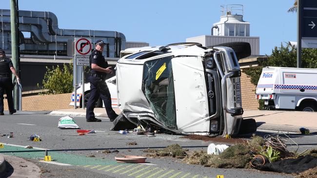 Police at the scene of the serious crash this morning. Picture: Glenn Hampson.