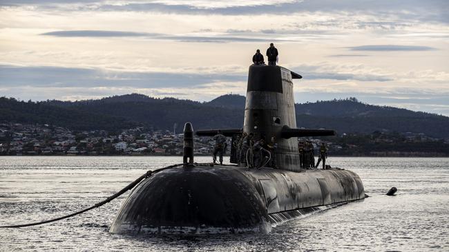 Collins-class submarine HMAS Sheean arrives in Hobart in April. Picture: Getty Images