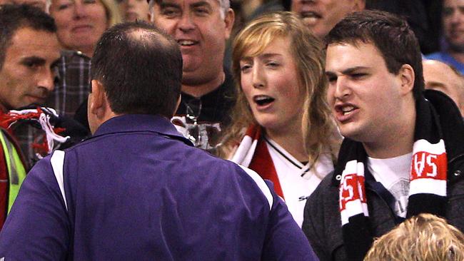 St Kilda v Fremantle Dockers. Etihad Stadium. St Kilda fans give ross lyon some abuse after quarter time,