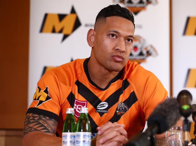 BRISBANE, AUSTRALIA - MAY 21: Israel Folau speaks to the media during a press conference at the Hilton Hotel on May 21, 2021 in Brisbane, Australia. (Photo by Chris Hyde/Getty Images)