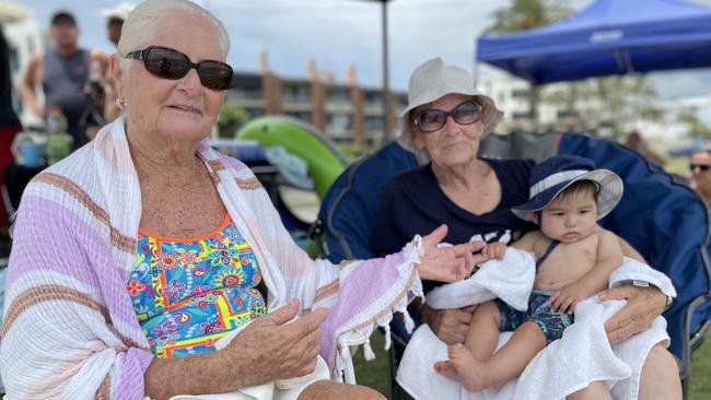 Noela Coulter, left, and Gale Nickson, right, with baby Sho Springer. Photo: Asa Andersen.