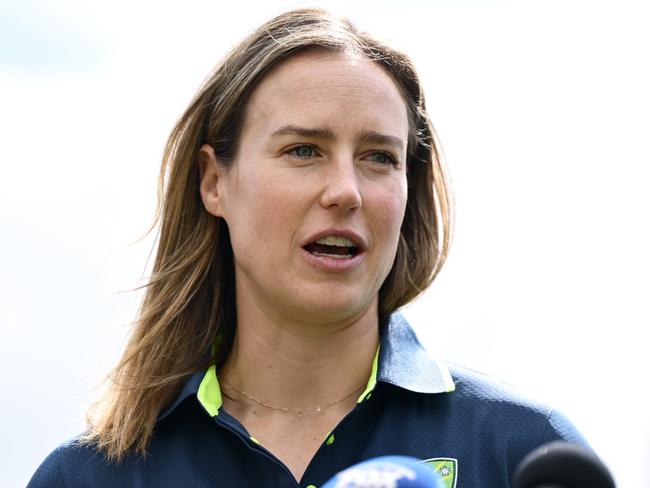 VARIOUS CITIES, AUSTRALIA - MARCH 31: Ellyse Perry of Australia speaks to the media during the 2025/26 Cricket Australia Schedule Announcement at Hamer Hall on March 31, 2025 in Melbourne, Australia. (Photo by Quinn Rooney/Getty Images for Cricket Australia)