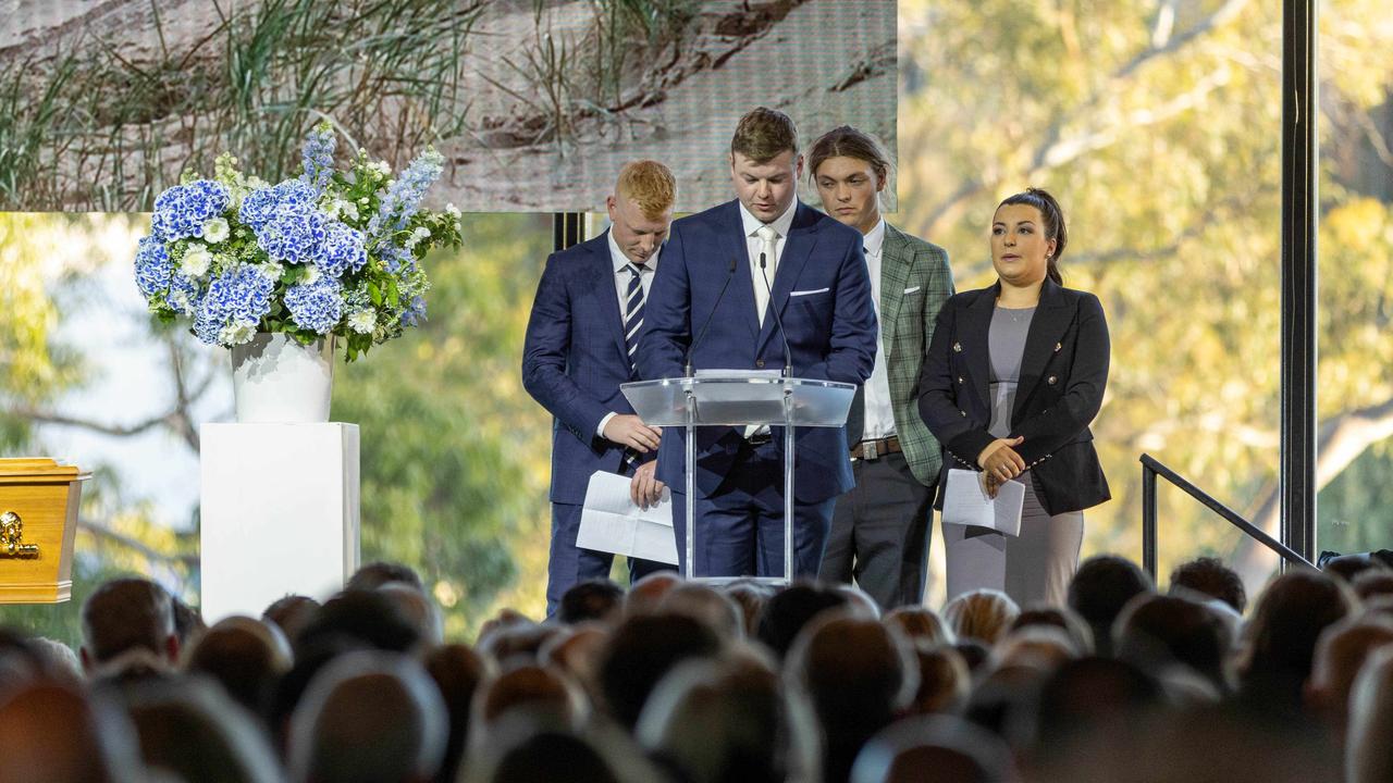 The Stevens siblings shared the stage at the twilight service celebrating Charlie’s life. Picture: NCA NewsWire / Ben Clark