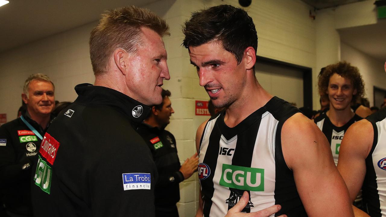 Collingwood coach Nathan Buckley with Scott Pendlebury during 2017. Photo: Phil Hillyard