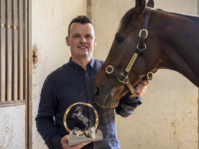 SYDNEY, AUSTRALIA - NCA NewsWIRE Photos - Sunday, 15 October, 2023:Everest winner Jay Pride with his winning horse Think About It at Warwick Farm Racecourse. Picture: NCA NewsWIRE  / Monique Harmer