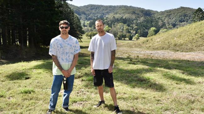 Afends founders Jonathan ‘Jono’ Salfield and Declan Wise visit the new Afends Farm at Sleepy Hollow near Byron Bay. Picture: Javier Encalada