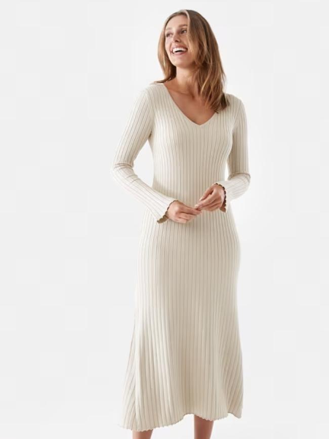 Kmart Long Sleeve V-Neck Ribbed Maxi Dress – $30. Picture: Supplied
