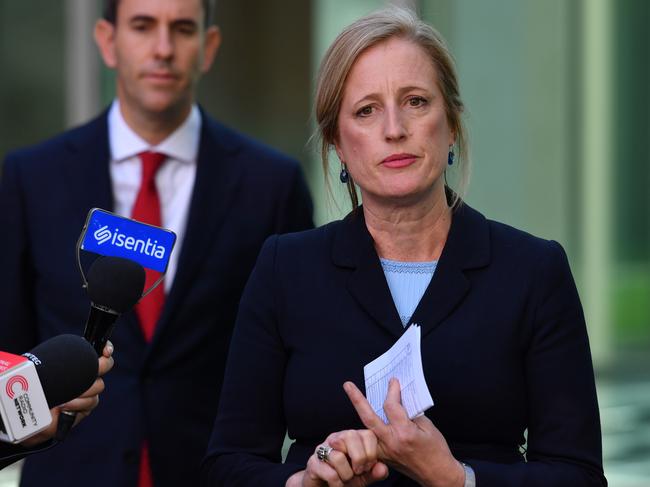 CANBERRA, AUSTRALIA - MAY 12: Shadow Treasurer Jim Chalmers and Shadow Minister for Finance Katy Gallagher during a press conference in the Senate Courtyard at Parliament House on May 12, 2021 in Canberra, Australia. The Morrison government's third budget, handed down on Tuesday, has an increased focus on women, with almost $354 million in funding allocated for women's health, Treasurer Josh Frydenberg also outlined more than $10 billion in spending on major infrastructure projects across Australia aimed to help create local jobs and boost productivity in the COVID-affected national economy. Aged care will receive more than $10 billion over the next four years, in direct response to the findings of the Royal Commission into Aged Care Quality and Safety. (Photo by Sam Mooy/Getty Images)