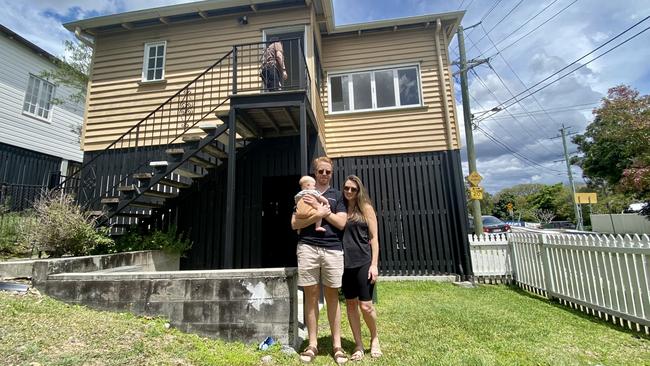 Rental property hunters Nick and Jess (surname withheld) with their baby William during a property inspection in inner Brisbane Wednesday October 5, 2022. Picture: Sophie Foster