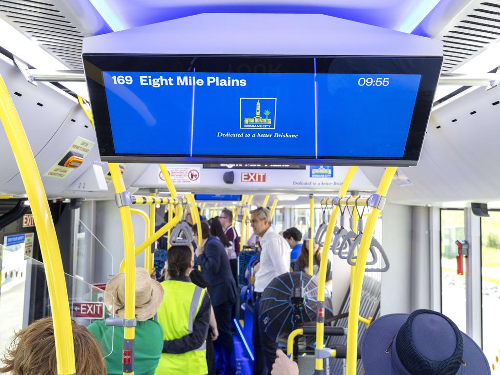 Brisbane residents on board Brisbane Metro from UQ Lakes Station, St Lucia to Eight Mile Plains electric bus depot. Picture: Richard Walker