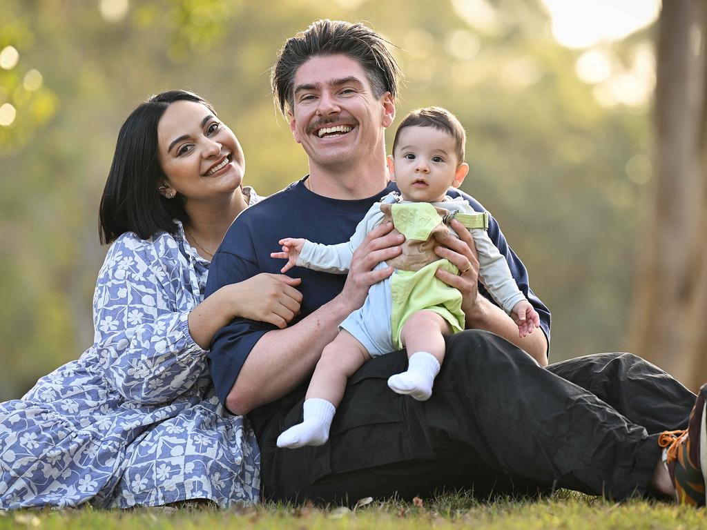 Naomi Gomez and partner Josh McDonald with six-month-old Rohan McDonald, who has had his whooping cough injection. Picture: Lyndon Mechielsen