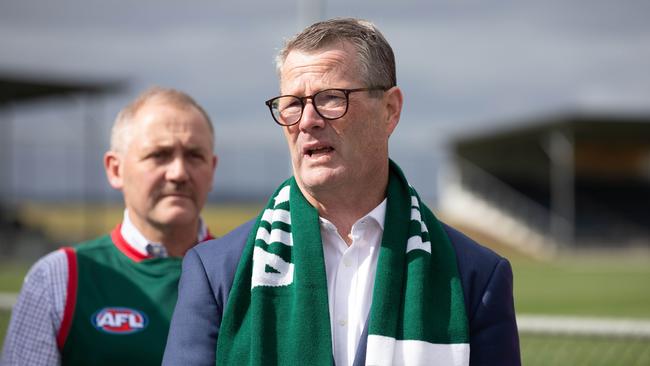 Chair if the Tasmania Football Club, Grant O'&#149;Brien at the Twin Ovals in Kingston announcing that the Devils AFL high performance centre will be built in Kingston. Picture: Linda Higginson