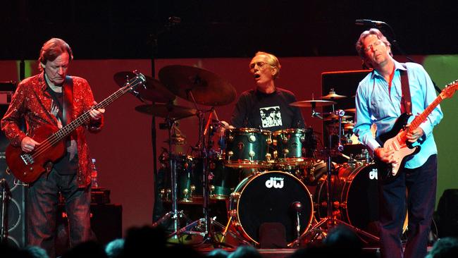 Reunited ... Jack Bruce (L) with Ginger Baker and singer Eric Clapton (R) of band Cream during reunion concert at Royal Albert Hall in London 2005 Picture: Supplied.