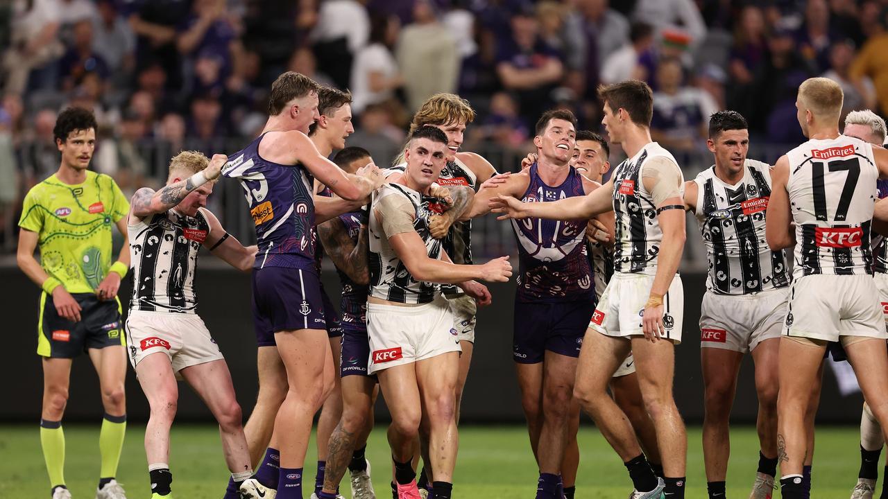 Maynard getting pulled from all sides after the altercation with Nat Fyfe. (Photo by Paul Kane/Getty Images)