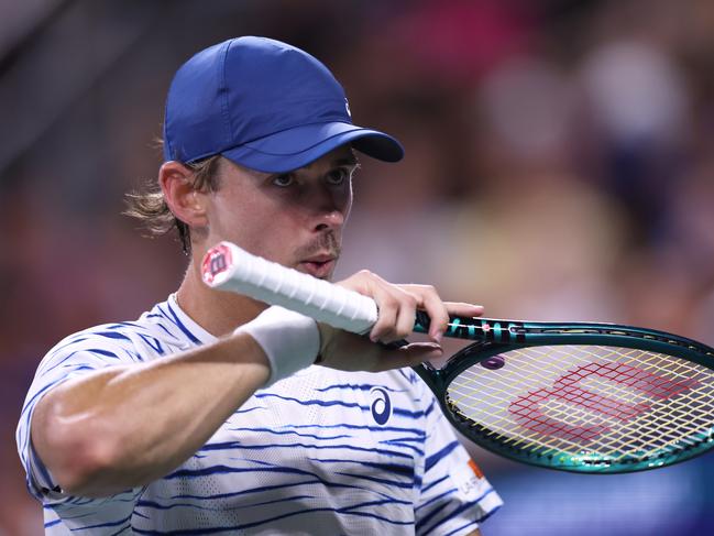 NEW YORK, NEW YORK - AUGUST 31: Alex de Minaur of Australia reacts after a point against Daniel Evans of Great Britain during their Men's Singles Third Round match on Day Six of the 2024 US Open at USTA Billie Jean King National Tennis Center on August 31, 2024 in the Flushing neighborhood of the Queens borough of New York City. (Photo by Luke Hales/Getty Images)