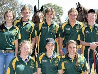 The Under 16 Australian Polocrosse team: Front row (from left to right): Carly Cooper, Tayla Stephens, Shaye Serna-Pastor back row (from left to right): Rachel Stringfellow, Jacob Lawrence, Tom O’Brien, Luke Puglia, Hayden Grumley. Picture: Erin Smith