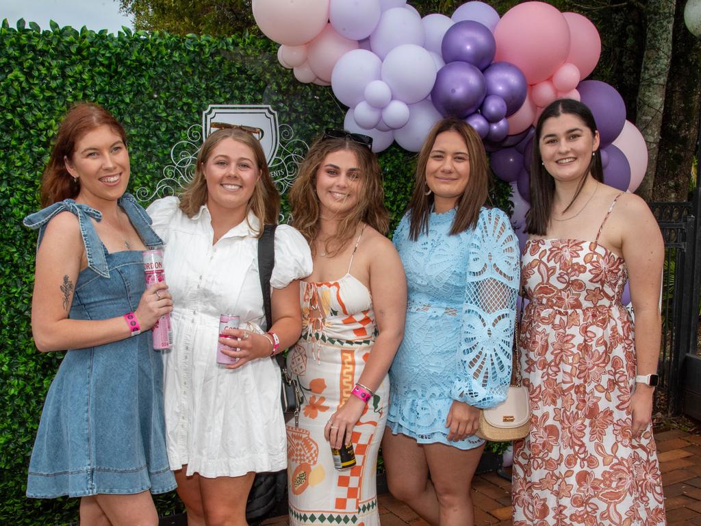 (From left) Laura Darlington, Tamara Cunningham, Anna Christodoulou, Brooklyn Tahata and Georgie Taylor. Weetwood Raceday at Toowoomba Turf Club. Saturday, September 28, 2024. Picture: Nev Madsen.