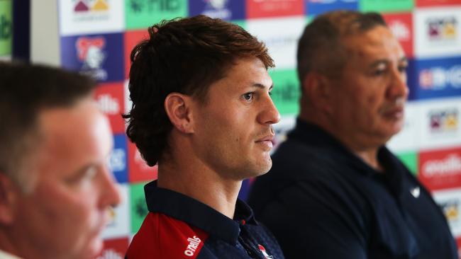 Kalyn Ponga and his father, Andre, at the press conference for the fullback’s new deal at Newcastle in April. Picture: Peter Lorimer/Getty Images