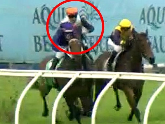 Quade (Jag Guthman-Chester, circled) was elevated from second to first after stewards deemed he was tightened by Beachside Babe (Andrew Spinks, yellow cap) at the 300m. Picture: Screengrab / Racing Queensland