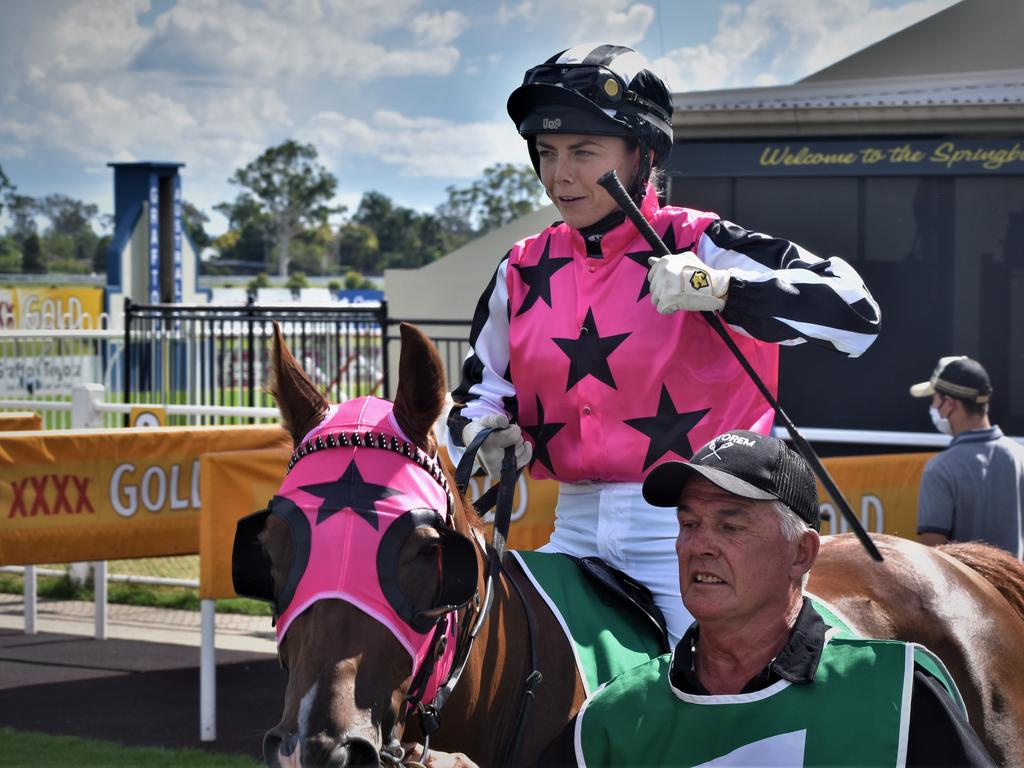 Apprentice jockey Mikayla Weir on Jenny Graham trained Manly Hanover in the mounting yard before finishing second in the New Members Benefits CG&amp;E Class 1 Handicap over 1200m at Clarence River Jockey Club in Grafton on Tuesday, 2nd February, 2021. Photo Bill North / The Daily Examiner