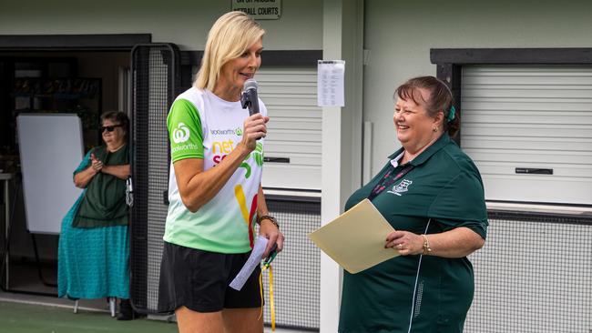 Woolworths Net-set-go ambassador and former Australian Diamond Catherine Cox with Lismore District Netball Association president Melissa Dundas at the reopening of the clubhouse on Saturday.