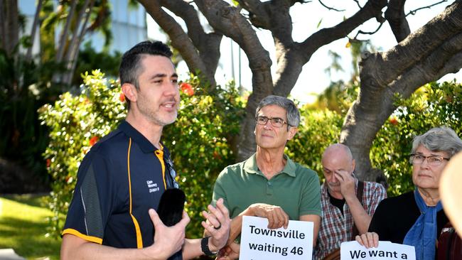 AFCM Protest for Concert Hall outside the Ville, venue for the Bush Summit. Cr Liam Mooney talks to the protest group. Picture: Evan Morgan