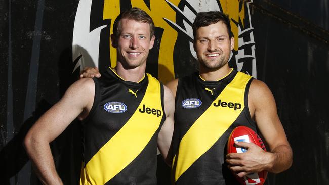 WARNING HOLD FOR WED. FEB 7TH. Richmond Tigers players Dylan Grimes and Toby Nankervis who have re-signed with Richmond.  Picture: David Caird