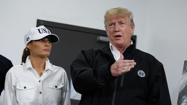 First lady Melania Trump looks on as President Donald Trump speaks during a briefing with state and local officials on the response to Hurricane Michael, Monday, Oct. 15, 2018, Macon, Ga. (AP Photo/Evan Vucci)