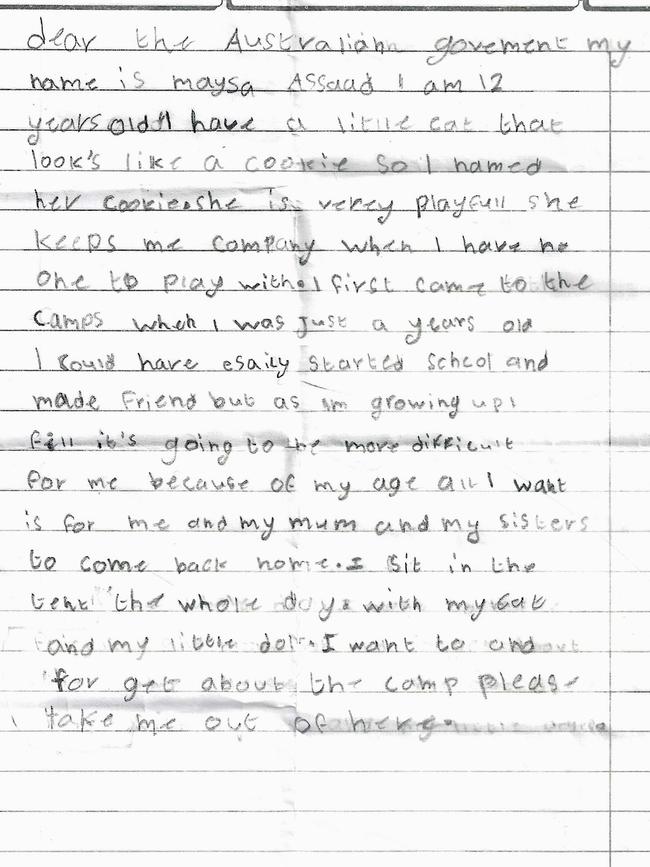 A letter written by Maysa Assaad, 12, addressed to the Australian government. Maysa resides in the Al-Roj refugee camp in Syria.