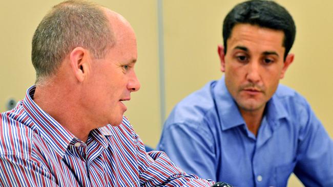 Queensland Premier Campbell Newman, and MP David Crisafulli, talk about the local disaster management in preparation for landfall of Tropical Cyclone Dylan near Townsville, Queensland. Pictures: Wesley Monts