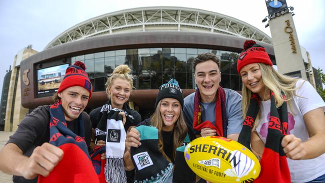 Gather Round fans at Adelaide Oval in December. L/R. Tay Crawford, Charlotte Nenke, Jess Meachin, Sam Stones and Grace Mulvahil Picture: Roy VanDerVegt