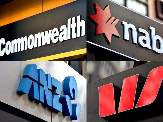 A composite image of signage of Australia's 'big four' banks ANZ, Westpac, the Commonwealth Bank (CBA) and the National Australia Bank (NAB) signage in Sydney, Saturday, May 5, 2018. (AAP Image/Joel Carrett) NO ARCHIVING